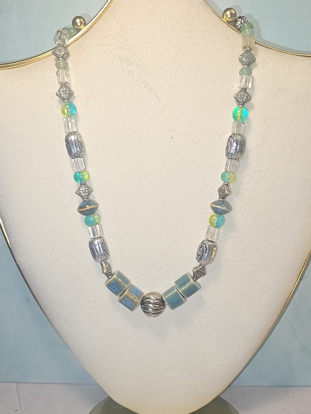 Artisan Blue Green Glass & Silver Bead Necklace - Women Jewelry